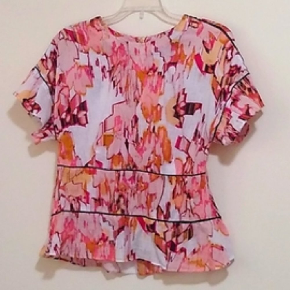 Donna Karan 100% Linen Floral peplum short sleeve XS  Neiman Marcus Water Garden